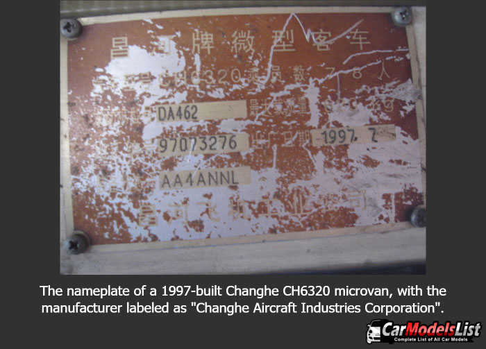 The nameplate of a 1997 built Changhe CH6320 microvan with the manufacturer labeled as Changhe Aircraft Industries Corporation