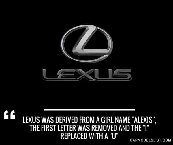 Lexus was derived from a girl name Alexis, the first letter was removed and the i replaced with a u
