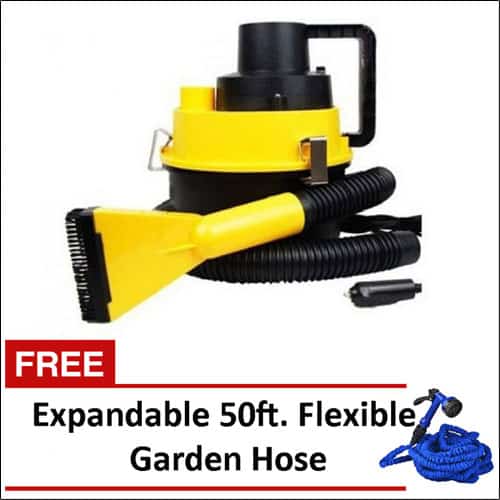 Wet and Dry Portable Car Vacuum Cleaner (Yellow) with Free Expandable 50ft. Flexible Garden Hose